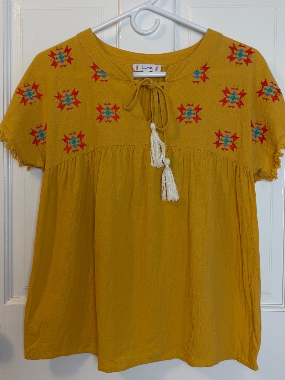 L Love Embroidered Peasant Boho 100% Cotton Mustard Yellow Top, Size S